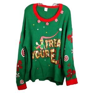 Holiday Time Elf Candy Cane Sequin Ugly Tacky Christmas Sweater XXL